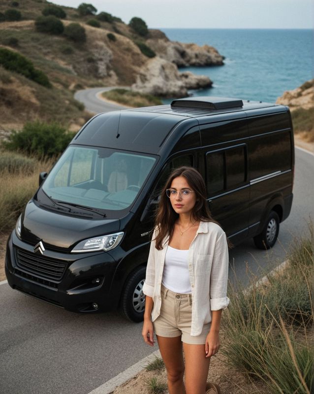 Alma steht mit ihrem Campervan an einer mediterranen Küste