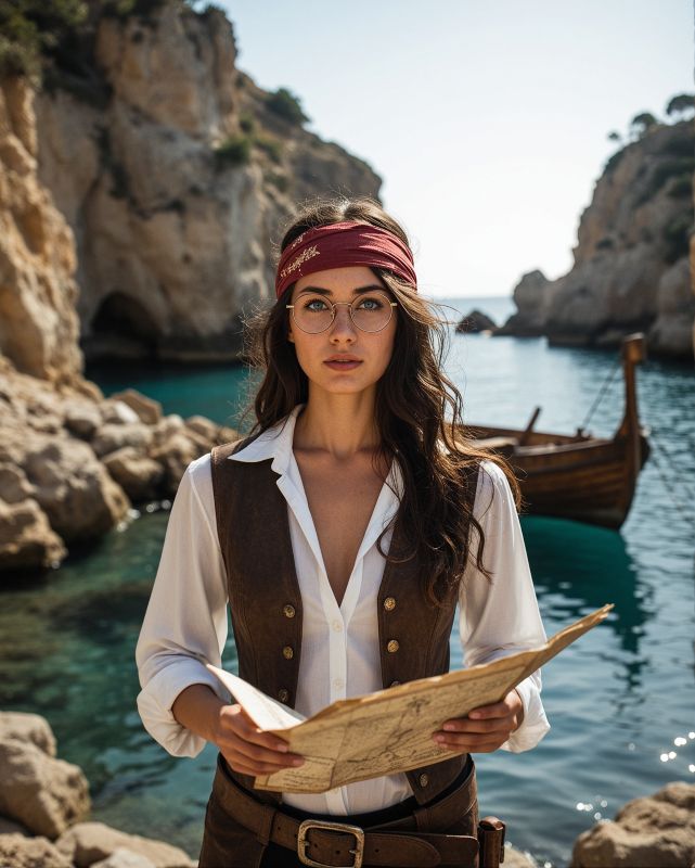 Alma als Piratin in einer spanischen Bucht