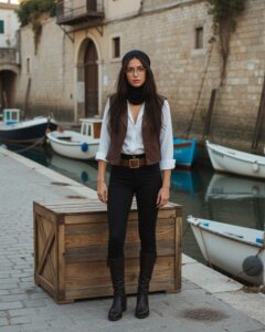 Schmugglerin-Cosplay in einem spanischen Hafen