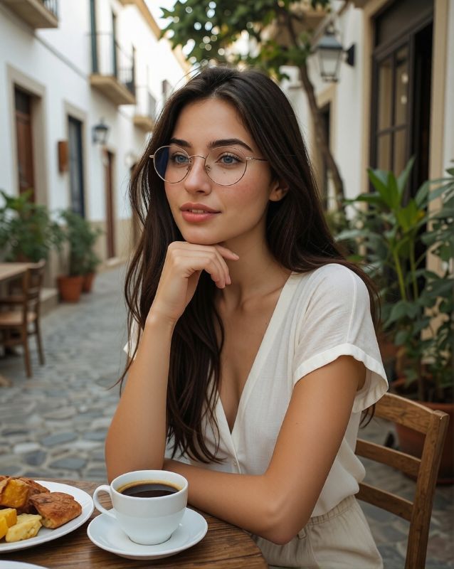 Ich sitze morgens beim Frühstück in einem Café in Altea, Spanien.