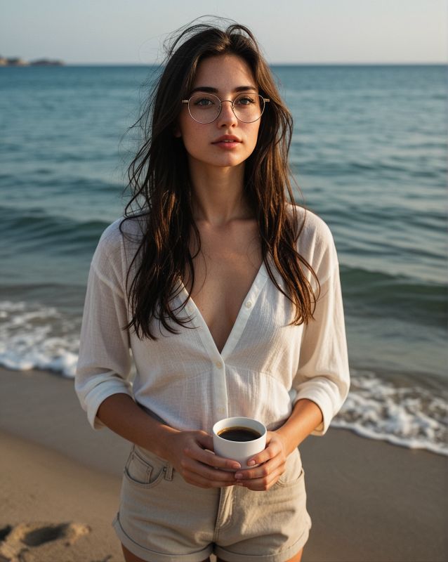 Alma steht morgens mit einer Tasse Kaffee an einem mediterranen Strand.