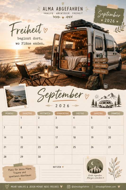 Kostenloser Vanlife Kalender September 2026 von Alma Abgefahren